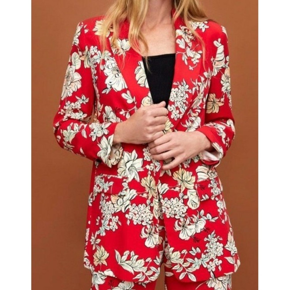 Zara Red Floral Blazer Long Sleeve Open Front Statement Piece Business Casual S